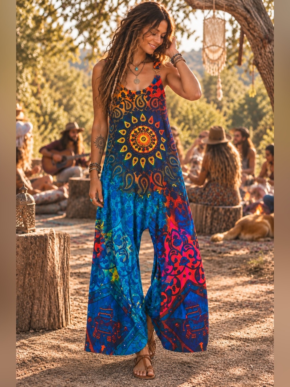 Boho Hippie Mandala Harem Jumpsuit Wide Leg Size L